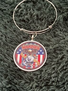Marines Emblem Silver-Tone Charm Bangle Bracelet - Patriotic Red, White & Blue